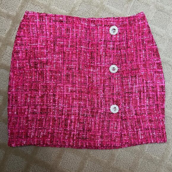Lulu’s Preppy Perfection Pink Boucle Rhinestone Button Skirt - Picture 4 of 5
